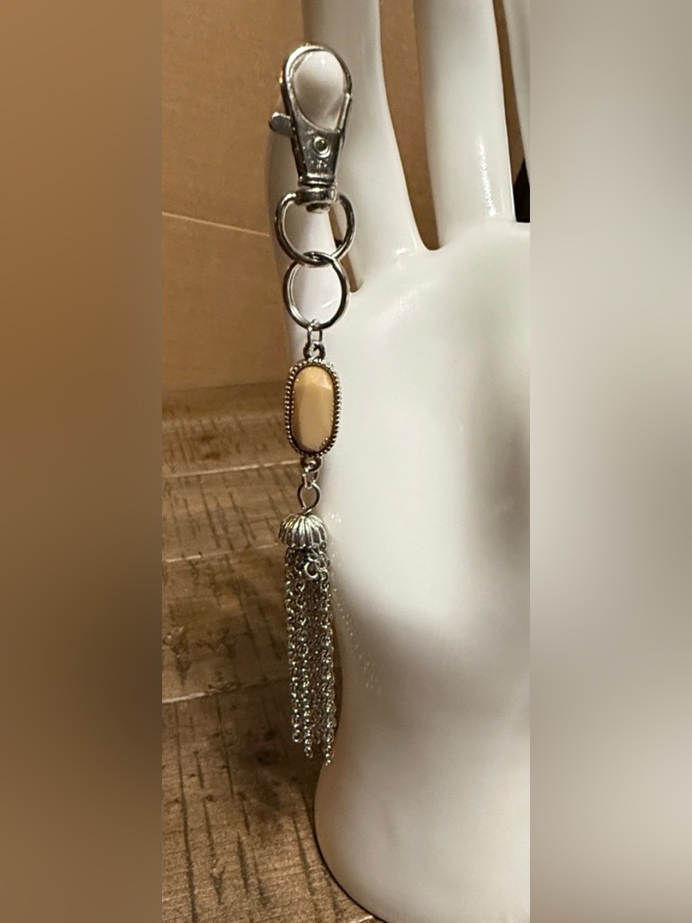 Silver Tassel Keychain with Beige Stone Accent